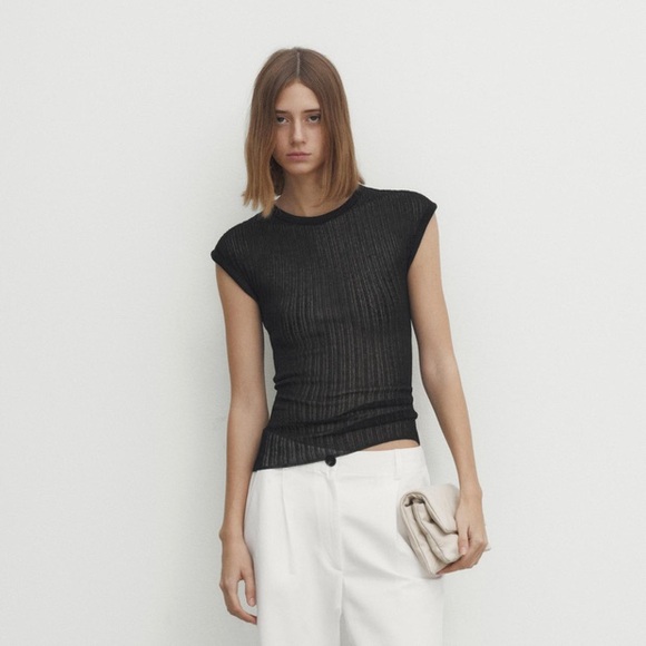 Massimo Dutti Open Knit Ribbed Crew Neck Black Top Size L NWT - Picture 2 of 11